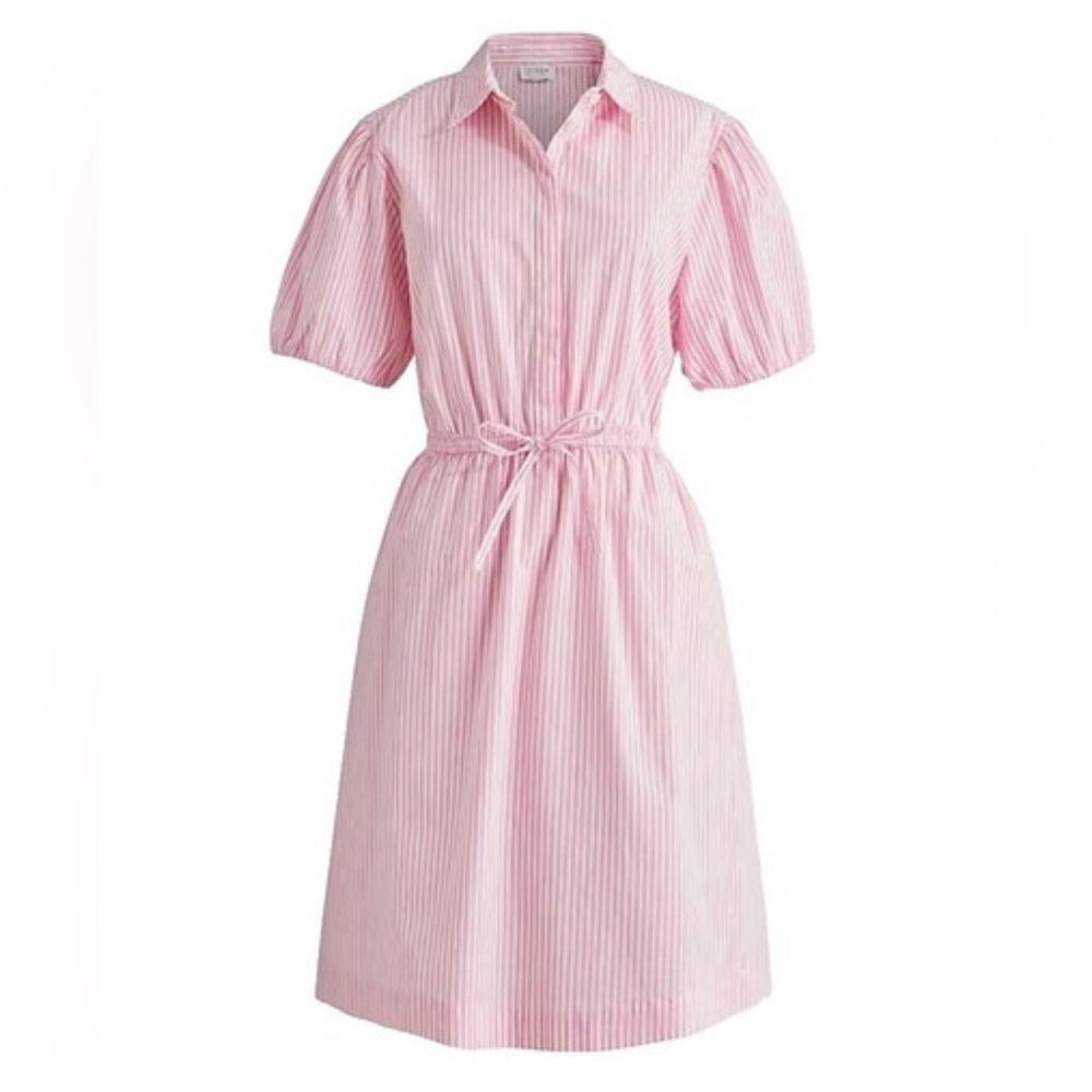 NWT J.Crew Pink Pinstripe Tie Waist Puff Sleeve Collared Mini Dress Sz 14